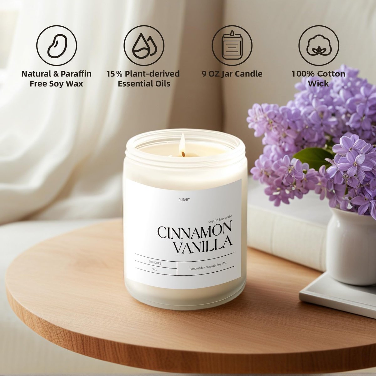 Putart Zimt Vanille Kerzen für Zuhause, Duftkerze, natürliches Sojawachs, Aromatherapie, ungiftig, stark duftend mit ätherischen Ölen, Raumduft Stressabbau, Geschenk für Frauen & Männer 9oz