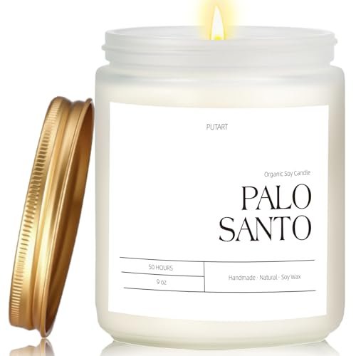 Putart Palo Santo Duftkerze für Zuhause, 9oz natürliche Sojabohnen-Aromatherapie-Kerze, ungiftig mit ätherischen Ölen, Stressabbau & Meditation, Geschenk für Damen & Herren, Mattweiß