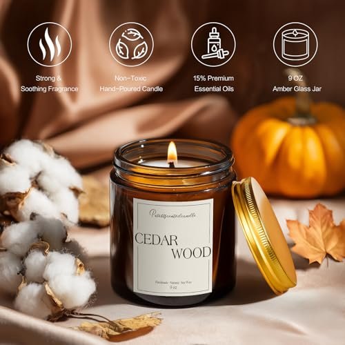 Putart Zedernholz-Kerzen für Zuhause Duftend, Natürliche Soja-Aromatherapie, Ungiftige Kerzen mit Langanhaltendem Duft & Sauberem Abbrand, Luxus-Glas-Kerzen Geschenk für Frauen, Männer, Wohnkultur 9 Unzen