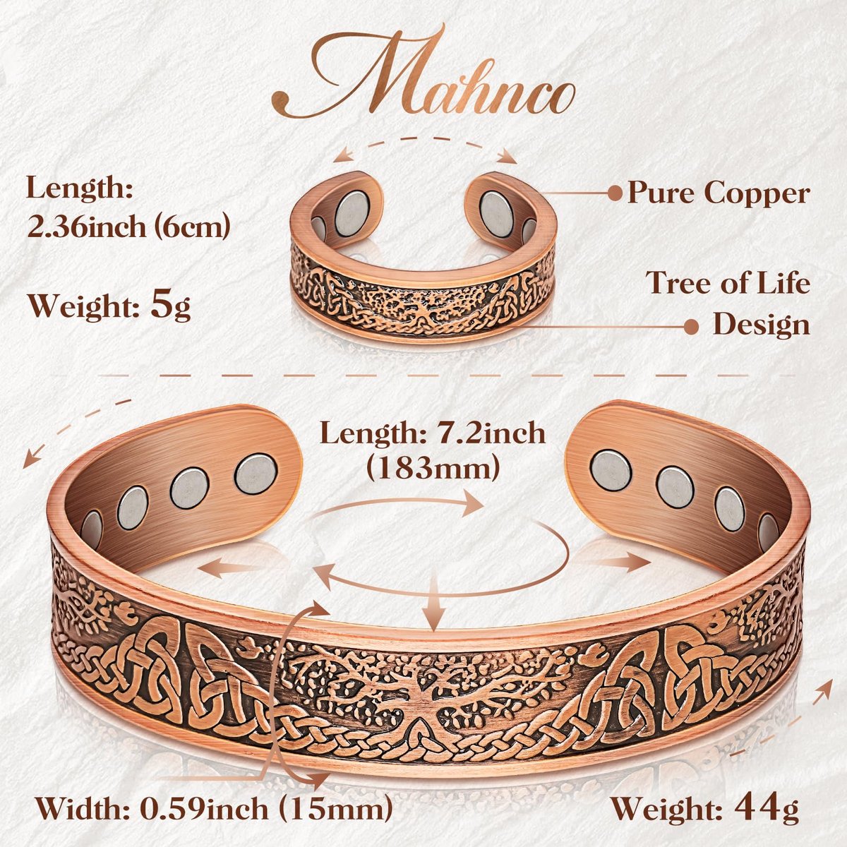 Mahnco Kupferarmband für Männer & Frauen, 12-fache Stärke Magnetarmband & Lymphdrainage-Ring für Herren, 100% massives reines Kupfer Schmuck Geschenk