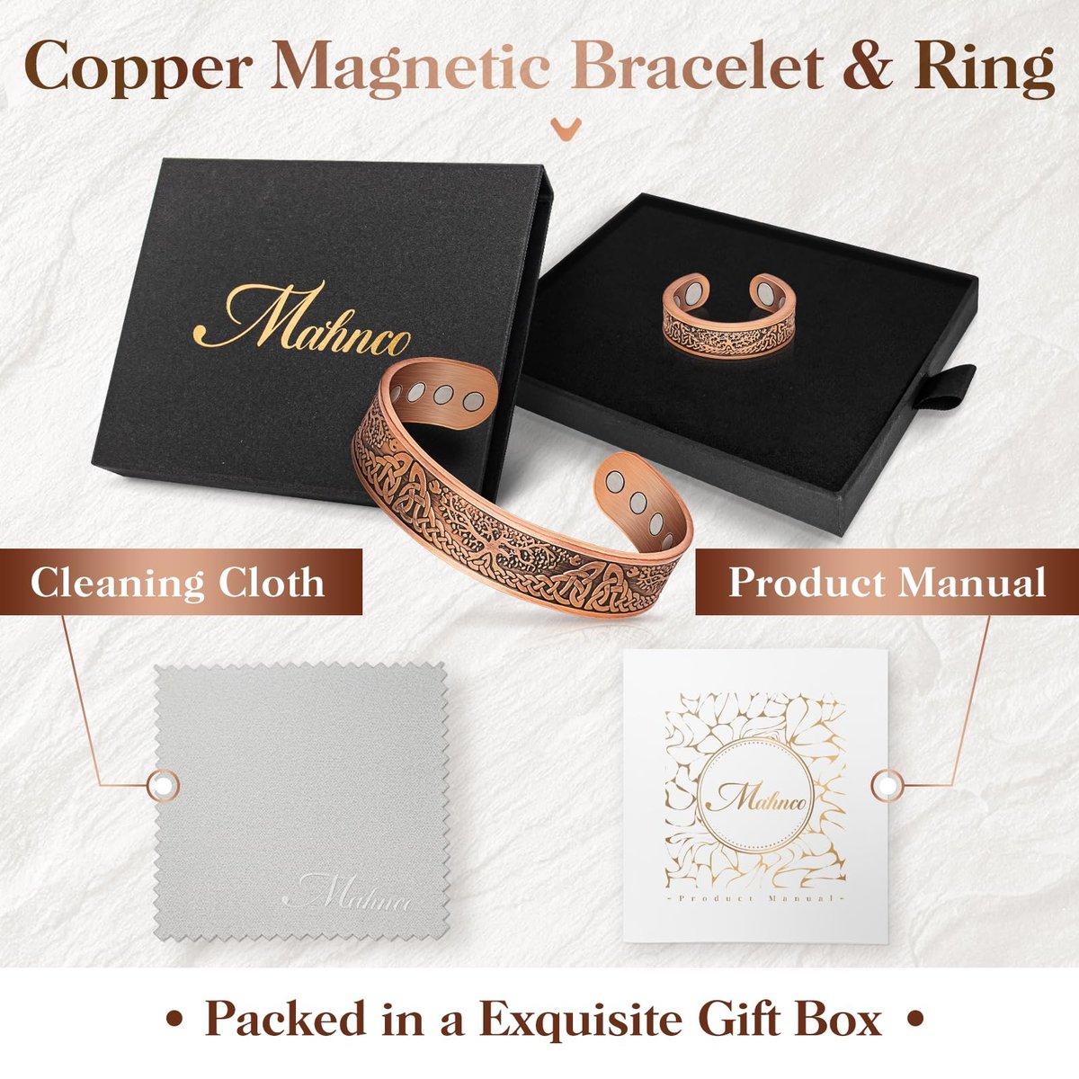 Mahnco Kupferarmband für Männer & Frauen, 12-fache Stärke Magnetarmband & Lymphdrainage-Ring für Herren, 100% massives reines Kupfer Schmuck Geschenk