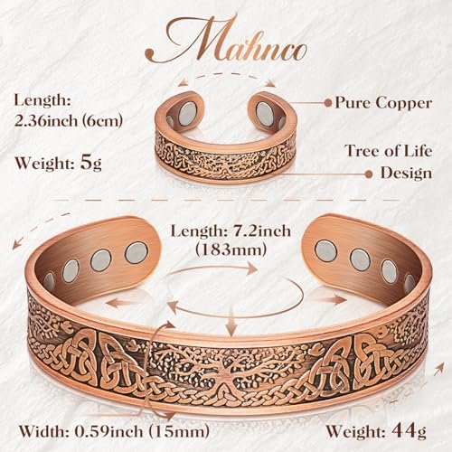 Mahnco Kupferarmband für Männer & Frauen, 12-fache Stärke Magnetarmband & Lymphdrainage-Ring für Herren, 100% massives reines Kupfer Schmuck Geschenk