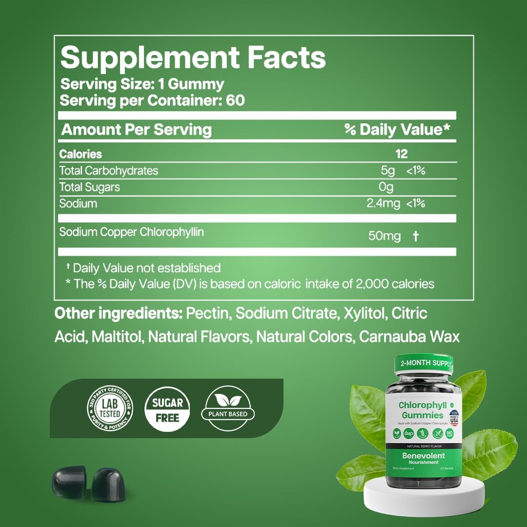 Benevolent Nourishment Chlorophyll Gummies – Detox, Immununterstützung & innerer Deodorant, 60 Stück