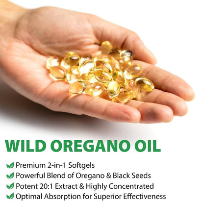 Cacukn Bio Oreganoöl Kapseln mit Schwarzkümmelöl, 6000mg Oreganoöl & 200mg Schwarzkümmelöl pro Portion, Immununterstützung, Nicht-GVO, Glutenfrei, 120 Softgels