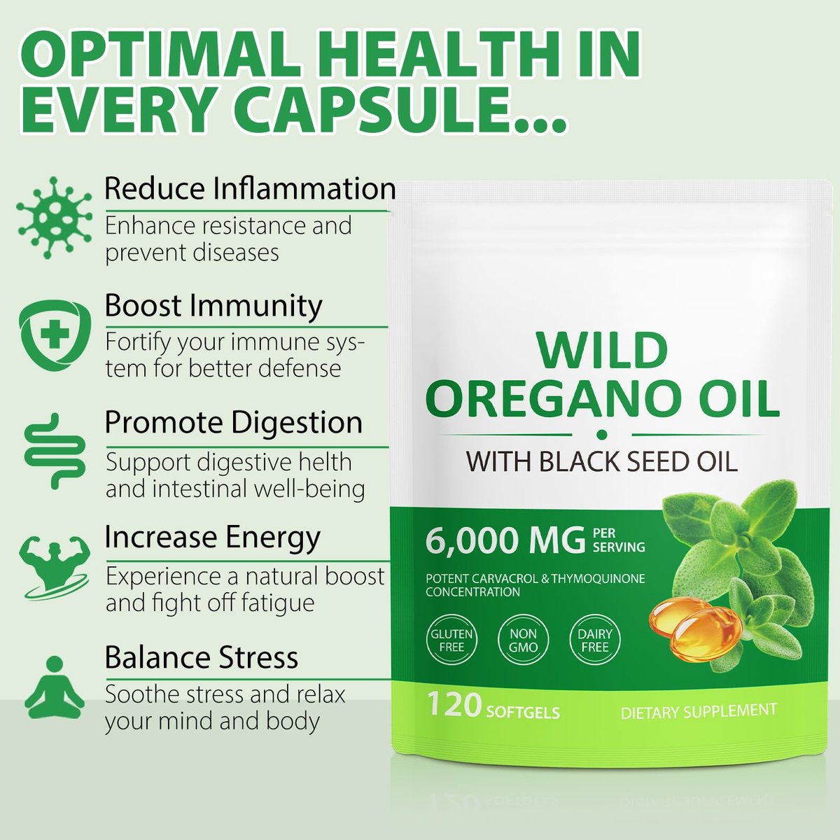 Cacukn Bio Oreganoöl Kapseln mit Schwarzkümmelöl, 6000mg Oreganoöl & 200mg Schwarzkümmelöl pro Portion, Immununterstützung, Nicht-GVO, Glutenfrei, 120 Softgels