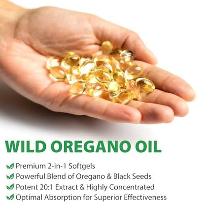 Cacukn Bio Oreganoöl Kapseln mit Schwarzkümmelöl, 6000mg Oreganoöl & 200mg Schwarzkümmelöl pro Portion, Immununterstützung, Nicht-GVO, Glutenfrei, 120 Softgels