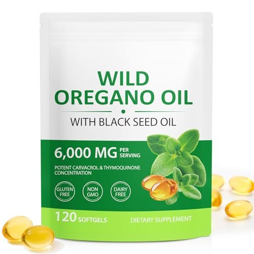 Cacukn Bio Oreganoöl Kapseln mit Schwarzkümmelöl, 6000mg Oreganoöl & 200mg Schwarzkümmelöl pro Portion, Immununterstützung, Nicht-GVO, Glutenfrei, 120 Softgels
