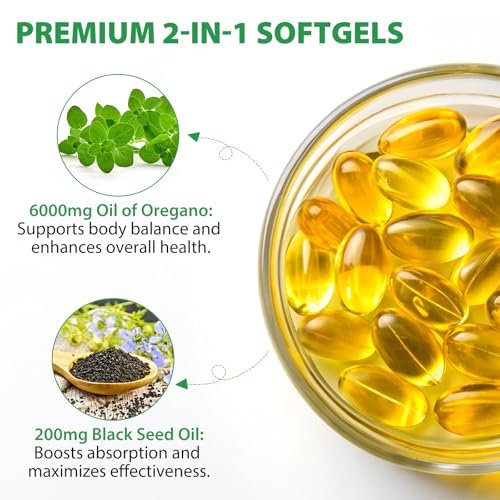 Cacukn Bio Oreganoöl Kapseln mit Schwarzkümmelöl, 6000mg Oreganoöl & 200mg Schwarzkümmelöl pro Portion, Immununterstützung, Nicht-GVO, Glutenfrei, 120 Softgels