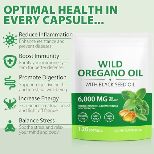 Cacukn Bio Oreganoöl Kapseln mit Schwarzkümmelöl, 6000mg Oreganoöl & 200mg Schwarzkümmelöl pro Portion, Immununterstützung, Nicht-GVO, Glutenfrei, 120 Softgels