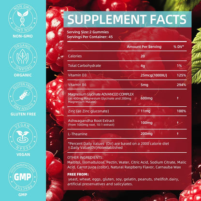 AFXMATE Magnesium Glycinat Gummis 400 mg – 90 Stück, Zuckerfrei, mit Glycinat & Malat, L-Theanin, Ashwagandha, Zink, Vitamin B6 & D3 – Unterstützt Entspannung & Schlaf