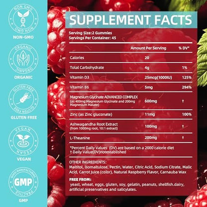 AFXMATE Magnesium Glycinat Gummis 400 mg – 90 Stück, Zuckerfrei, mit Glycinat & Malat, L-Theanin, Ashwagandha, Zink, Vitamin B6 & D3 – Unterstützt Entspannung & Schlaf