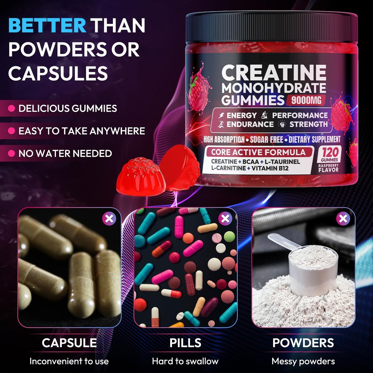 Cytona Creatine Gummies Monohydrate Komplex – Pre-Workout für Männer & Frauen, mit L-Taurin, BCAA 2:1, B12/B6 für Muskelunterstützung, Kraftsteigerung, Energie-Boost – 120 Stück