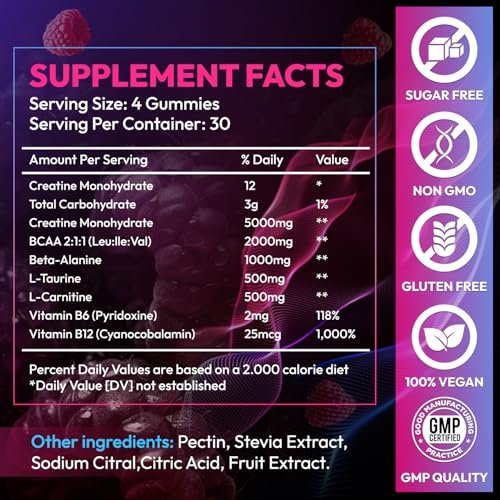 Cytona Creatine Gummies Monohydrate Komplex – Pre-Workout für Männer & Frauen, mit L-Taurin, BCAA 2:1, B12/B6 für Muskelunterstützung, Kraftsteigerung, Energie-Boost – 120 Stück