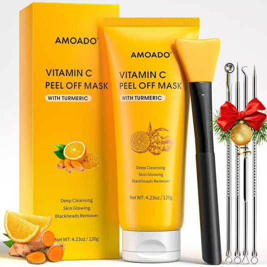 AMOADO Blackhead Entferner Maske, Peel-Off Gesichtsmaske mit Vitamin C & Kurkuma für Männer und Frauen – Tiefenreinigende Nasenmaske für Mitesser, Poren & Ölkontrolle mit Mitesserentferner und Pinsel
