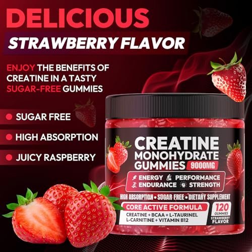 Cytona Creatine Gummies – Kreatin-Monohydrat-Komplex mit L-Taurin, BCAA 2:1, B12/B6 – Kaubare Kreatin-Gummis für Muskelaufbau, Kraft und Fokus – 30-Tage-Vorrat (120 Stück, Erdbeer-Geschmack)
