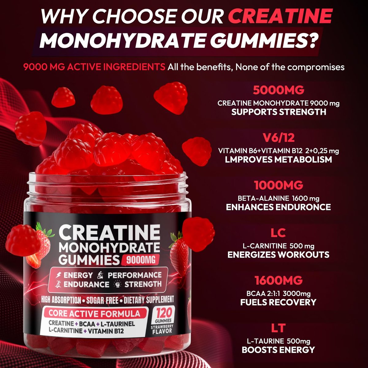 Cytona Creatine Gummies – Kreatin-Monohydrat-Komplex mit L-Taurin, BCAA 2:1, B12/B6 – Kaubare Kreatin-Gummis für Muskelaufbau, Kraft und Fokus – 30-Tage-Vorrat (120 Stück, Erdbeer-Geschmack)