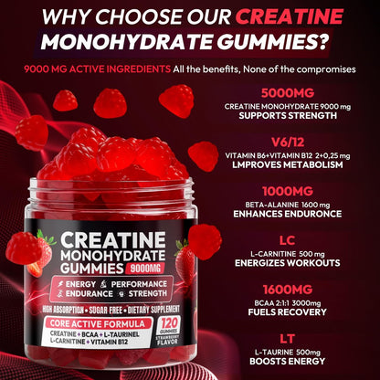 Cytona Creatine Gummies – Kreatin-Monohydrat-Komplex mit L-Taurin, BCAA 2:1, B12/B6 – Kaubare Kreatin-Gummis für Muskelaufbau, Kraft und Fokus – 30-Tage-Vorrat (120 Stück, Erdbeer-Geschmack)