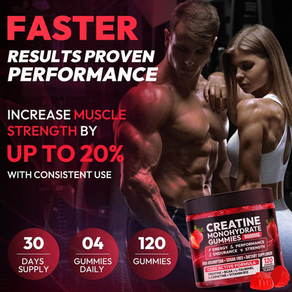 Cytona Creatine Gummies – Kreatin-Monohydrat-Komplex mit L-Taurin, BCAA 2:1, B12/B6 – Kaubare Kreatin-Gummis für Muskelaufbau, Kraft und Fokus – 30-Tage-Vorrat (120 Stück, Erdbeer-Geschmack)