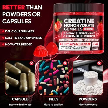 Cytona Creatine Gummies – Kreatin-Monohydrat-Komplex mit L-Taurin, BCAA 2:1, B12/B6 – Kaubare Kreatin-Gummis für Muskelaufbau, Kraft und Fokus – 30-Tage-Vorrat (120 Stück, Erdbeer-Geschmack)