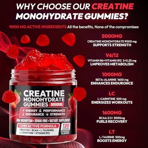 Cytona Creatine Gummies – Kreatin-Monohydrat-Komplex mit L-Taurin, BCAA 2:1, B12/B6 – Kaubare Kreatin-Gummis für Muskelaufbau, Kraft und Fokus – 30-Tage-Vorrat (120 Stück, Erdbeer-Geschmack)