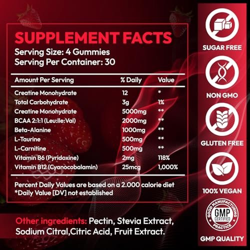 Cytona Creatine Gummies – Kreatin-Monohydrat-Komplex mit L-Taurin, BCAA 2:1, B12/B6 – Kaubare Kreatin-Gummis für Muskelaufbau, Kraft und Fokus – 30-Tage-Vorrat (120 Stück, Erdbeer-Geschmack)