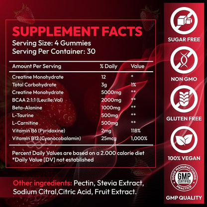 Cytona Creatine Gummies – Kreatin-Monohydrat-Komplex mit L-Taurin, BCAA 2:1, B12/B6 – Kaubare Kreatin-Gummis für Muskelaufbau, Kraft und Fokus – 30-Tage-Vorrat (120 Stück, Erdbeer-Geschmack)