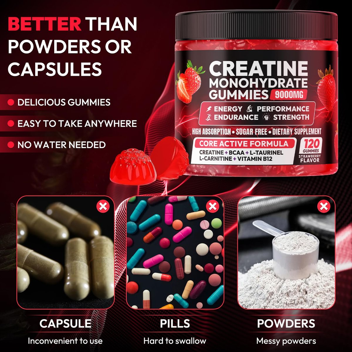 Cytona Creatine Gummies – Kreatin-Monohydrat-Komplex mit L-Taurin, BCAA 2:1, B12/B6 – Kaubare Kreatin-Gummis für Muskelaufbau, Kraft und Fokus – 30-Tage-Vorrat (120 Stück, Erdbeer-Geschmack)