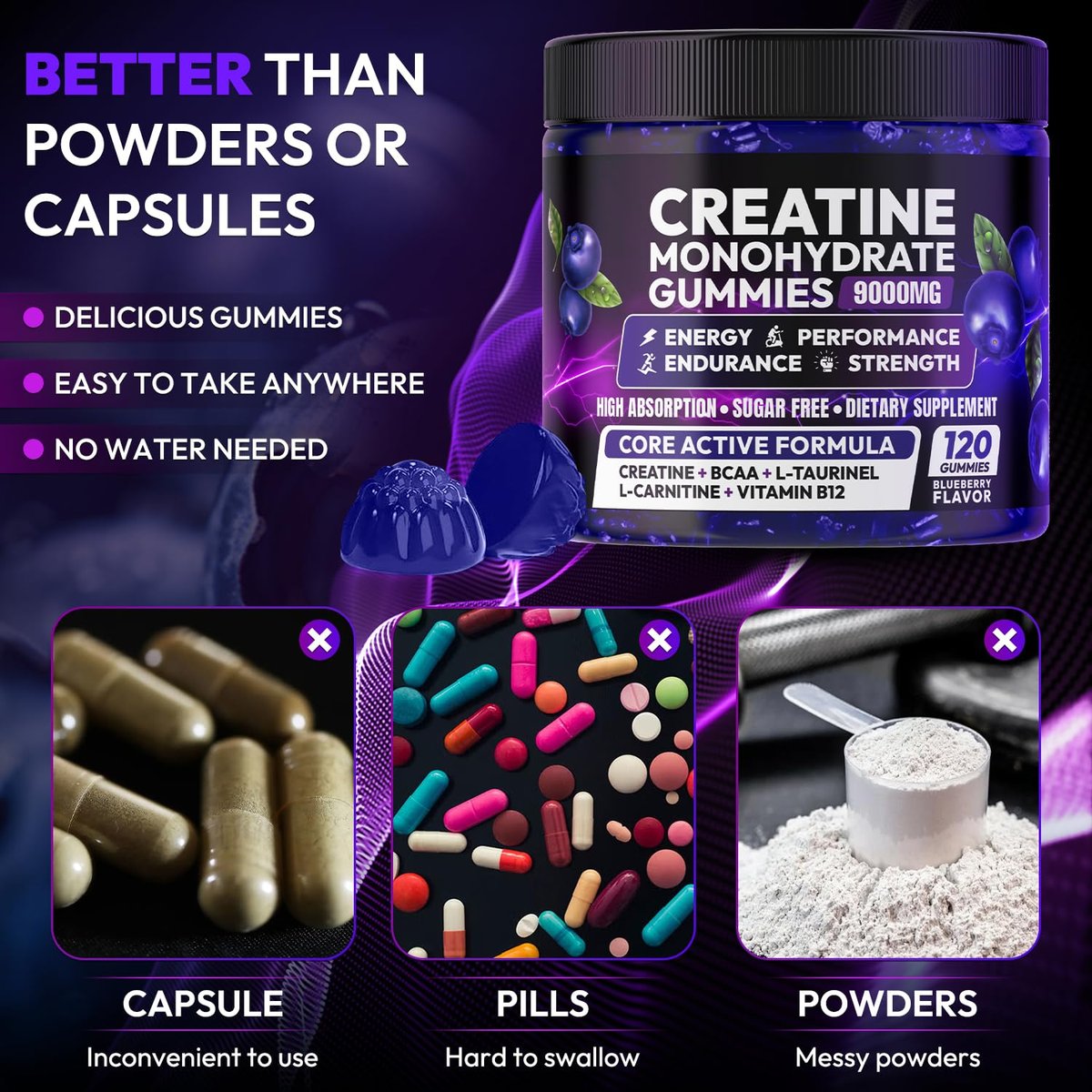 Cytona Creatine Gummies Monohydrat-Komplex für Männer & Frauen – Zuckerfreie, vegane Creatine Gummies zur Steigerung von Muskelkraft, Erholung, kognitiver Gesundheit und Gedächtnis – 120 Blaubeer-Gummis