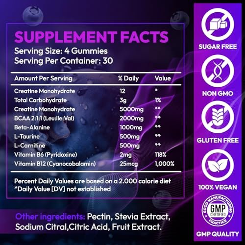 Cytona Creatine Gummies Monohydrat-Komplex für Männer & Frauen – Zuckerfreie, vegane Creatine Gummies zur Steigerung von Muskelkraft, Erholung, kognitiver Gesundheit und Gedächtnis – 120 Blaubeer-Gummis