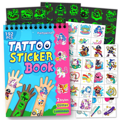 Partywind 192 Motive Glitzer & Glow temporäre Tattoos für Kinder – 16 Themen, Partygeschenke, Klassenzimmerpreise, Geburtstagsgeschenke
