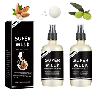 2 Stück Super Milk Conditioning Hair Primer, Super Milk Conditioner Haar-Entwirrungsspray, pflegende, feuchtigkeitsspendende, glättende Haarpflege für alle Haartypen