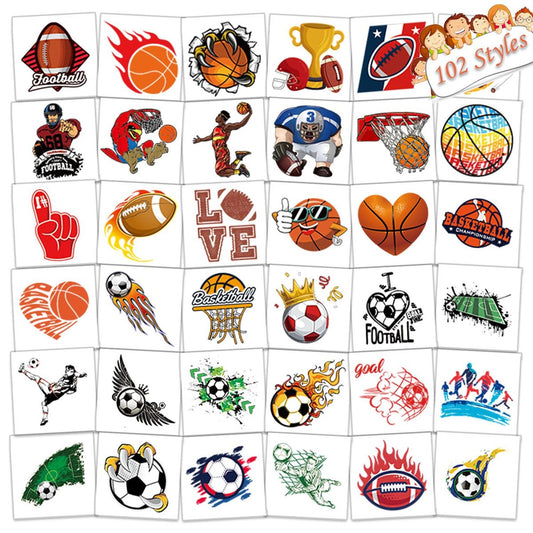 102 Stücke Sport Temporäre Tattoos für Kinder – Fußball, Basketball, Baseball, Football – Individuell verpackt – Aufkleber für Jungen und Mädchen – Geschenke für Kinder