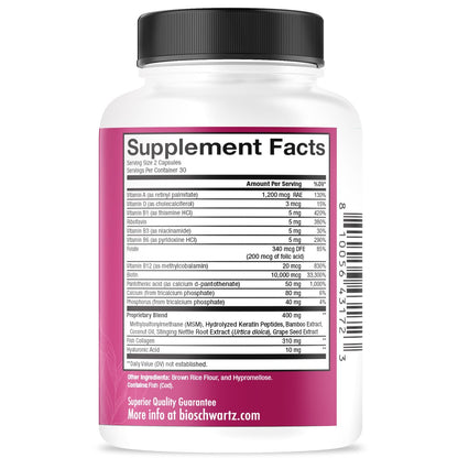 BioSchwartz Biotin Collagen Keratin Supplement – Haar-Vitamine für Frauen – 10.000 mcg Biotin mit Hyaluronsäure & B-Komplex – 60 Kapseln, nicht-GMO – Schönheitsergänzung für Haar und Nägel