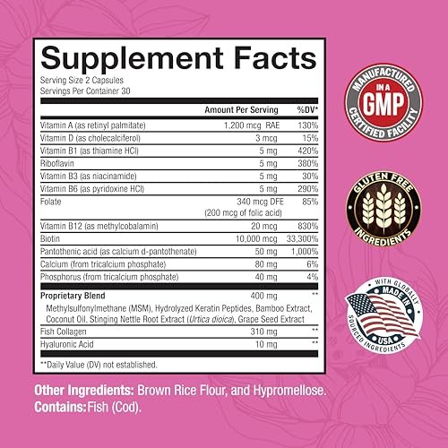 BioSchwartz Biotin Collagen Keratin Supplement – Haar-Vitamine für Frauen – 10.000 mcg Biotin mit Hyaluronsäure & B-Komplex – 60 Kapseln, nicht-GMO – Schönheitsergänzung für Haar und Nägel