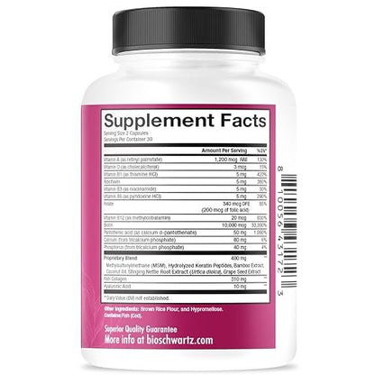 BioSchwartz Biotin Collagen Keratin Supplement – Haar-Vitamine für Frauen – 10.000 mcg Biotin mit Hyaluronsäure & B-Komplex – 60 Kapseln, nicht-GMO – Schönheitsergänzung für Haar und Nägel