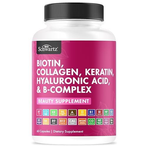 BioSchwartz Biotin Collagen Keratin Supplement – Haar-Vitamine für Frauen – 10.000 mcg Biotin mit Hyaluronsäure & B-Komplex – 60 Kapseln, nicht-GMO – Schönheitsergänzung für Haar und Nägel