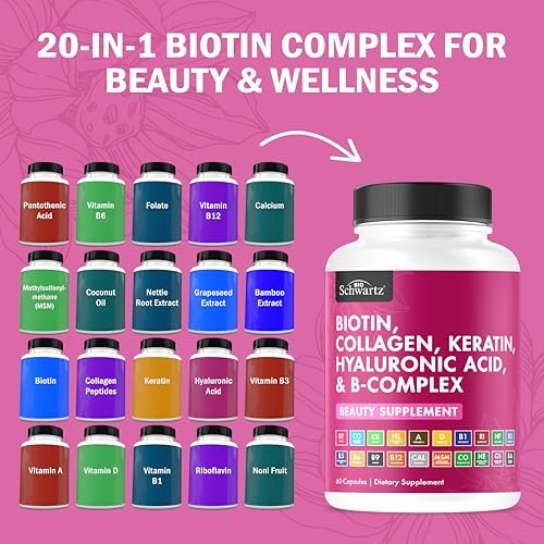 BioSchwartz Biotin Collagen Keratin Supplement – Haar-Vitamine für Frauen – 10.000 mcg Biotin mit Hyaluronsäure & B-Komplex – 60 Kapseln, nicht-GMO – Schönheitsergänzung für Haar und Nägel