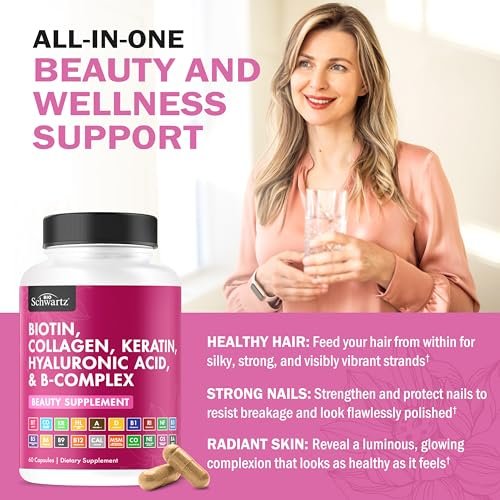 BioSchwartz Biotin Collagen Keratin Supplement – Haar-Vitamine für Frauen – 10.000 mcg Biotin mit Hyaluronsäure & B-Komplex – 60 Kapseln, nicht-GMO – Schönheitsergänzung für Haar und Nägel