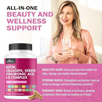 BioSchwartz Biotin Collagen Keratin Supplement – Haar-Vitamine für Frauen – 10.000 mcg Biotin mit Hyaluronsäure & B-Komplex – 60 Kapseln, nicht-GMO – Schönheitsergänzung für Haar und Nägel