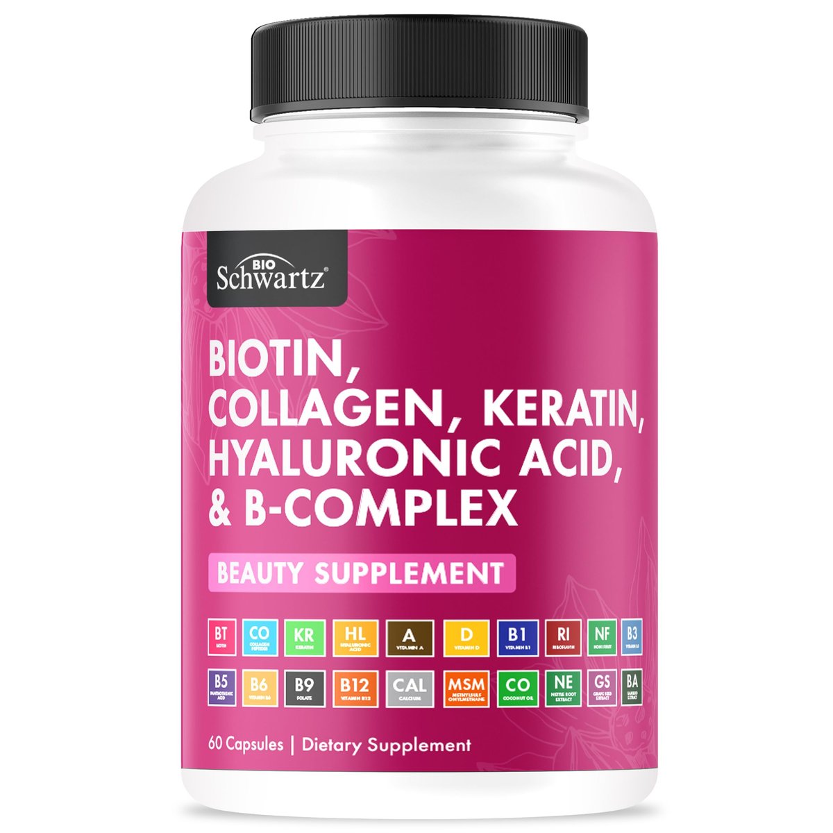 BioSchwartz Biotin Collagen Keratin Supplement – Haar-Vitamine für Frauen – 10.000 mcg Biotin mit Hyaluronsäure & B-Komplex – 60 Kapseln, nicht-GMO – Schönheitsergänzung für Haar und Nägel