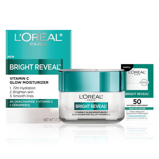 L'Oreal Paris Bright Reveal Vitamin C Glow Moisturizer – Aufhellende Feuchtigkeitspflege für strahlende Haut, 72h Hydratation, inkl. SPF 50 Probe