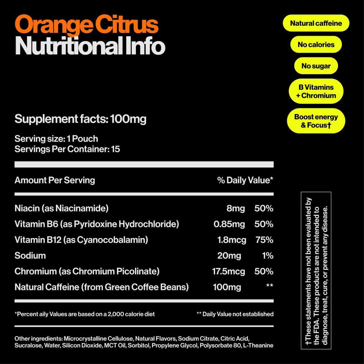 Wip Energy Pouches | 100 mg Natürliches Koffein | Vitamine & Mineralien | Orange Citrus | 15 Beutel pro Dose | 1 Dose
