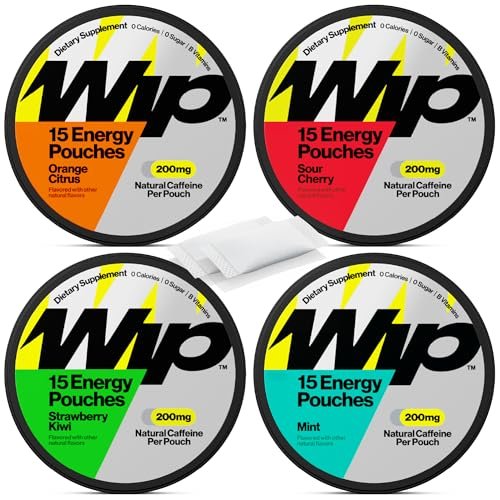 Wip Energy Pouches 200mg Koffein | Vitamine & Mineralien | 4er Pack Assorted: Sauerkirsche, Minze, Orange-Zitrus, Erdbeer-Kiwi (60 Beutel)