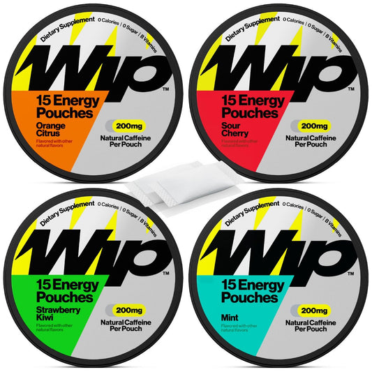 Wip Energy Pouches 200mg Koffein | Vitamine & Mineralien | 4er Pack Assorted: Sauerkirsche, Minze, Orange-Zitrus, Erdbeer-Kiwi (60 Beutel)