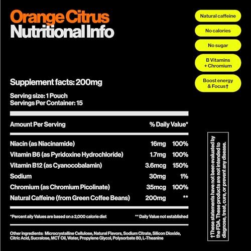 Wip Energy Pouches – Zuckerfreie Mischung mit 200 mg natürlichem Koffein, B-Vitaminen, Mineralien & L-Theanin für Energieunterstützung, Pre-Workout für aktive Lebensstile, Orange Citrus, 3 Dosen, 15 Beutel pro Dose