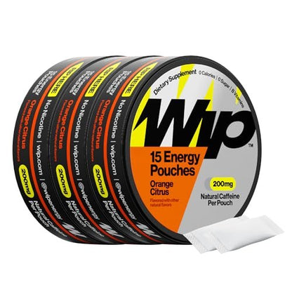 Wip Energy Pouches – Zuckerfreie Mischung mit 200 mg natürlichem Koffein, B-Vitaminen, Mineralien & L-Theanin für Energieunterstützung, Pre-Workout für aktive Lebensstile, Orange Citrus, 3 Dosen, 15 Beutel pro Dose