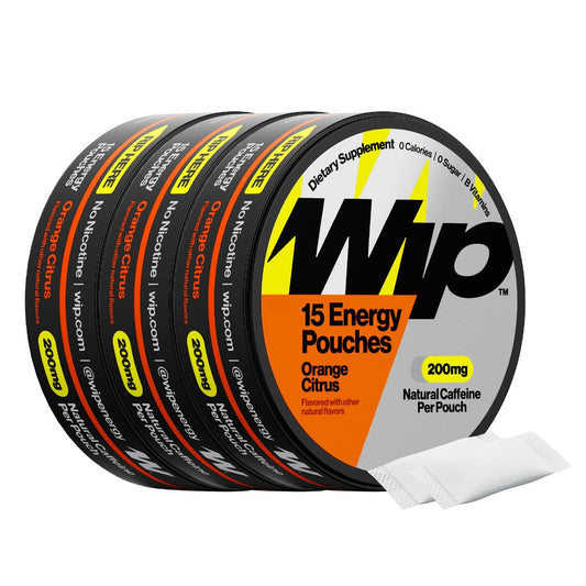 Wip Energy Pouches – Zuckerfreie Mischung mit 200 mg natürlichem Koffein, B-Vitaminen, Mineralien & L-Theanin für Energieunterstützung, Pre-Workout für aktive Lebensstile, Orange Citrus, 3 Dosen, 15 Beutel pro Dose