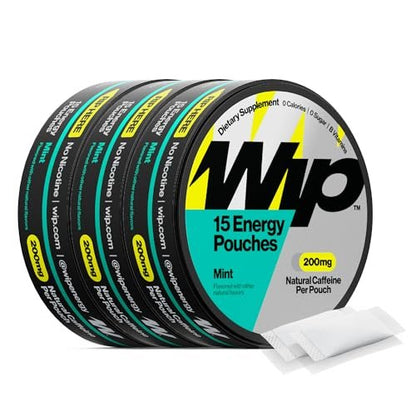 Wip Energy Pouches – Zuckerfreier Energie-Kick mit 200 mg natürlichem Koffein, B-Vitaminen, Mineralien & L-Theanin, für aktive Lebensstile, Minze, 3 Dosen à 15 Beutel