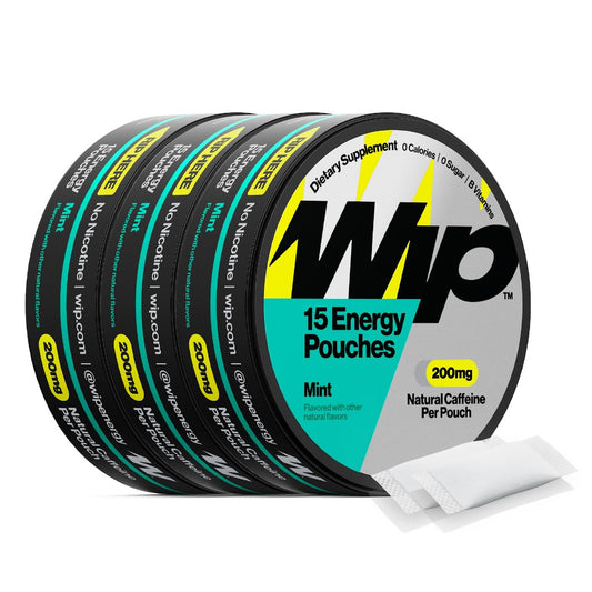 Wip Energy Pouches – Zuckerfreier Energie-Kick mit 200 mg natürlichem Koffein, B-Vitaminen, Mineralien & L-Theanin, für aktive Lebensstile, Minze, 3 Dosen à 15 Beutel
