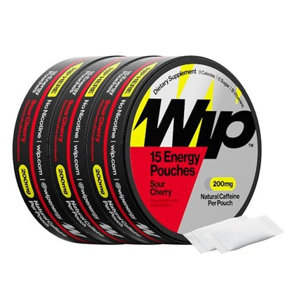 Wip Energy Pouches – Zuckerfreier Energiekick mit 200 mg natürlichem Koffein, B-Vitaminen, Mineralien & L-Theanin – Sauer Kirsche – 3 Dosen à 15 Beutel